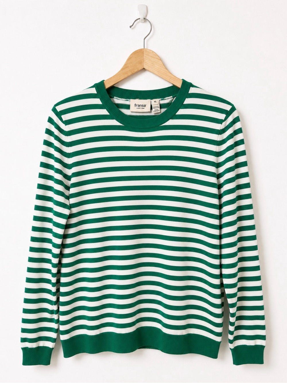 Fransa Green White Striped Crewneck Sweater XL Soft Lightweight Minimalist